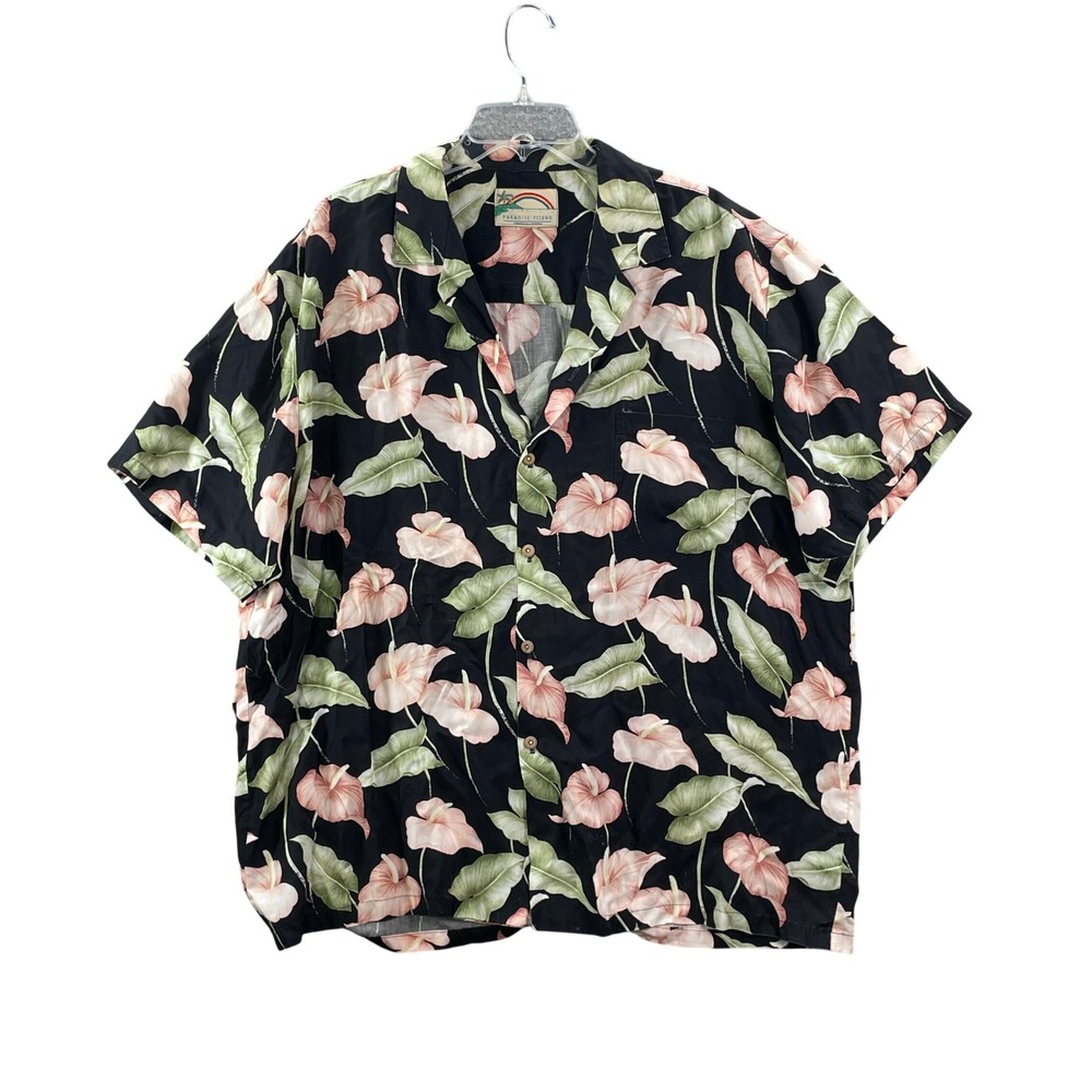 Paradise Found Hawaiian Shirt Mens 2XL Black Pink Anthurium Floral Aloha Hawaii